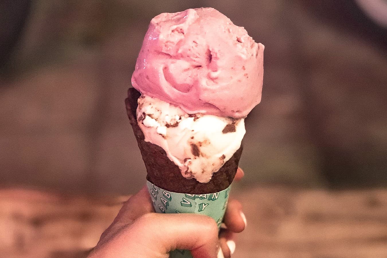 Raspberry And Mint Chocolate Chip Coconut Ice Cream In A Waffle Cone From Mad Pops In Canggu Bali